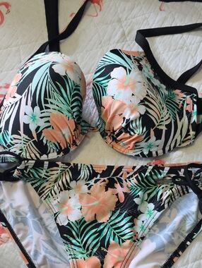 VENUS Floral Bikini Top & Bottoms in Black, Peach & Mint